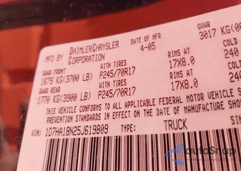 2005 Dodge Ram 1500 Slt/Laramie из США, поврежденный, VIN 1D7HA18N25J619809